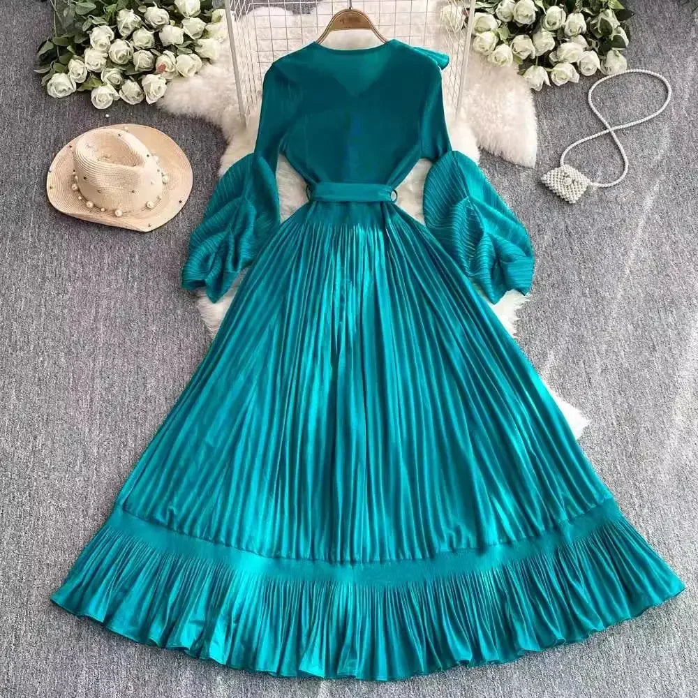 Women's V Neck Ruffles Splice Lantern Sleeve High Stretch Oversized Dresses Miyake Maxi Pleated 2025 Spring Long Party Clothing