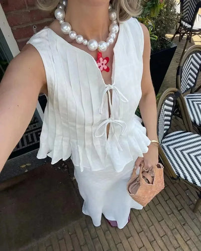 Linen Cotton Pleated Lace-up Elegant White Women Tops Tanks 2025 Summer Women Causal O-neck Sleeveless Ruffles Vest Streetwear
