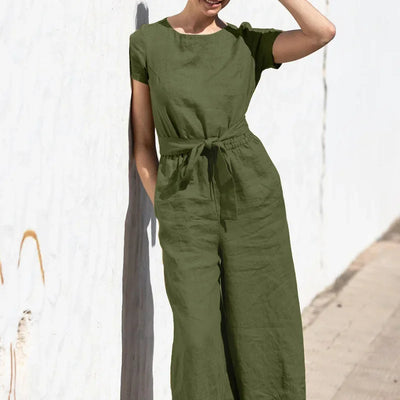 2025 Summer Short Sleeve Rompers Casual Loose Tighten Waist Solid Work Long Playsuit Elegant Women Jumpsuits Retro Overalls