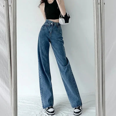 Wide Leg Pants Women Vintage Jeans High Waist Loose Fit Basics Full Length Pockets Button 2025 Casual Denims Straight Trousers
