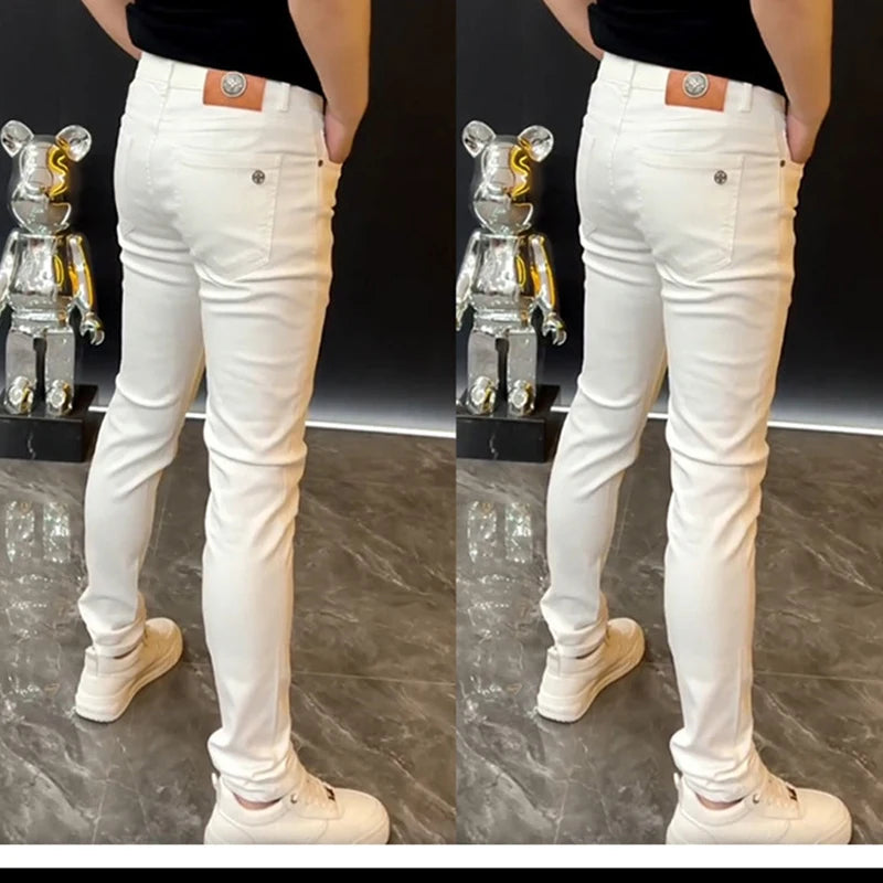European Fashion White Jeans Men 2024 Summer Solid Color Streetwear Biker Elastic Skinny Zips Simple Cacual Long Denim Trousers