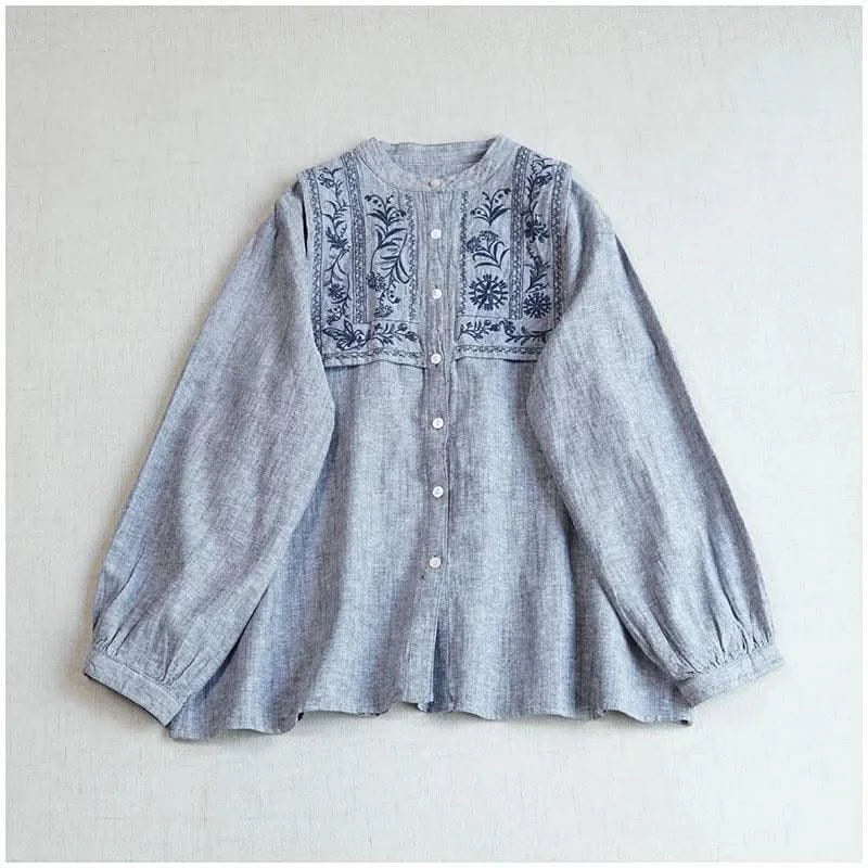 Cotton Linen Floral Embroidery Blouses Shirts For Women Tops Loose Oversize Lantern Long Sleeve Casual Boho Beach Summer Blusas