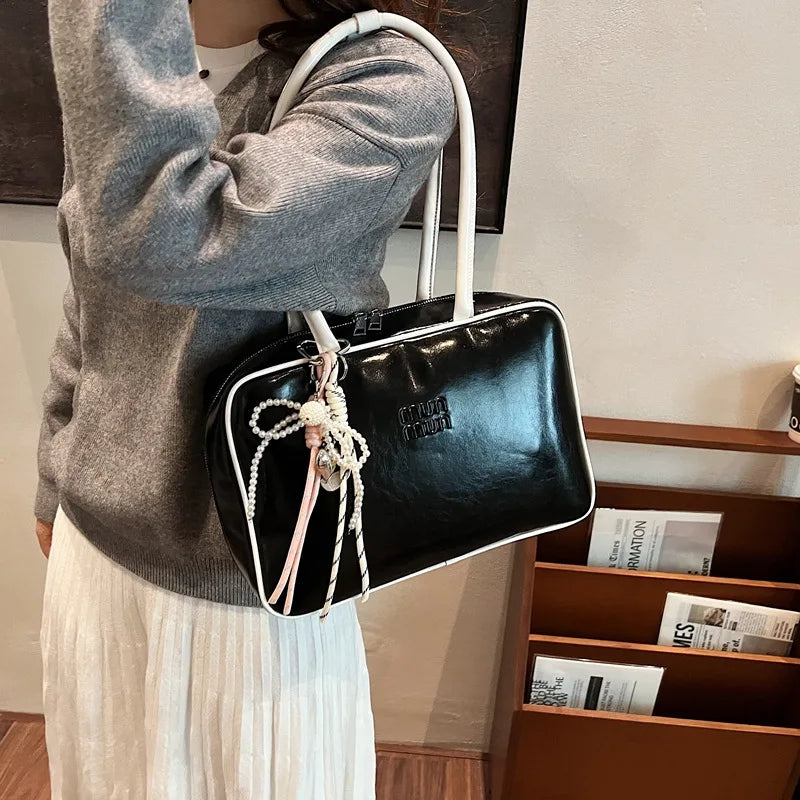 Designer Bowling Tote Women's Oversized Shoulder Bag, High-Capacity Office Handbag, Fashionable Minimalist Crossbody Purse