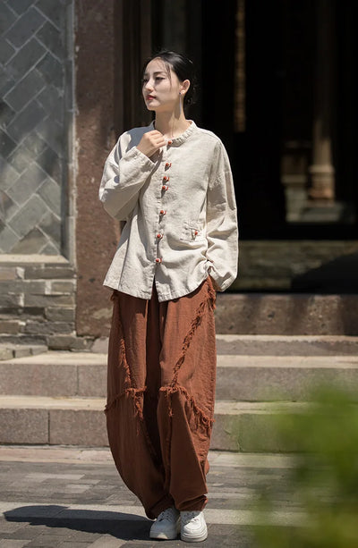 Cotton Linen Women's Literary Vintage Ramie Tops Shirt Women's Patchwork Colour Plate Button Lapel Cardigan Jacket Chinese Style