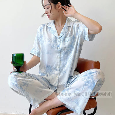 Fashion Elegant Female Pajamas Lounge Wear Set Sexy Print Flower Sleepwear Trouser Suits Spring Summer Loose Satin Home Wear