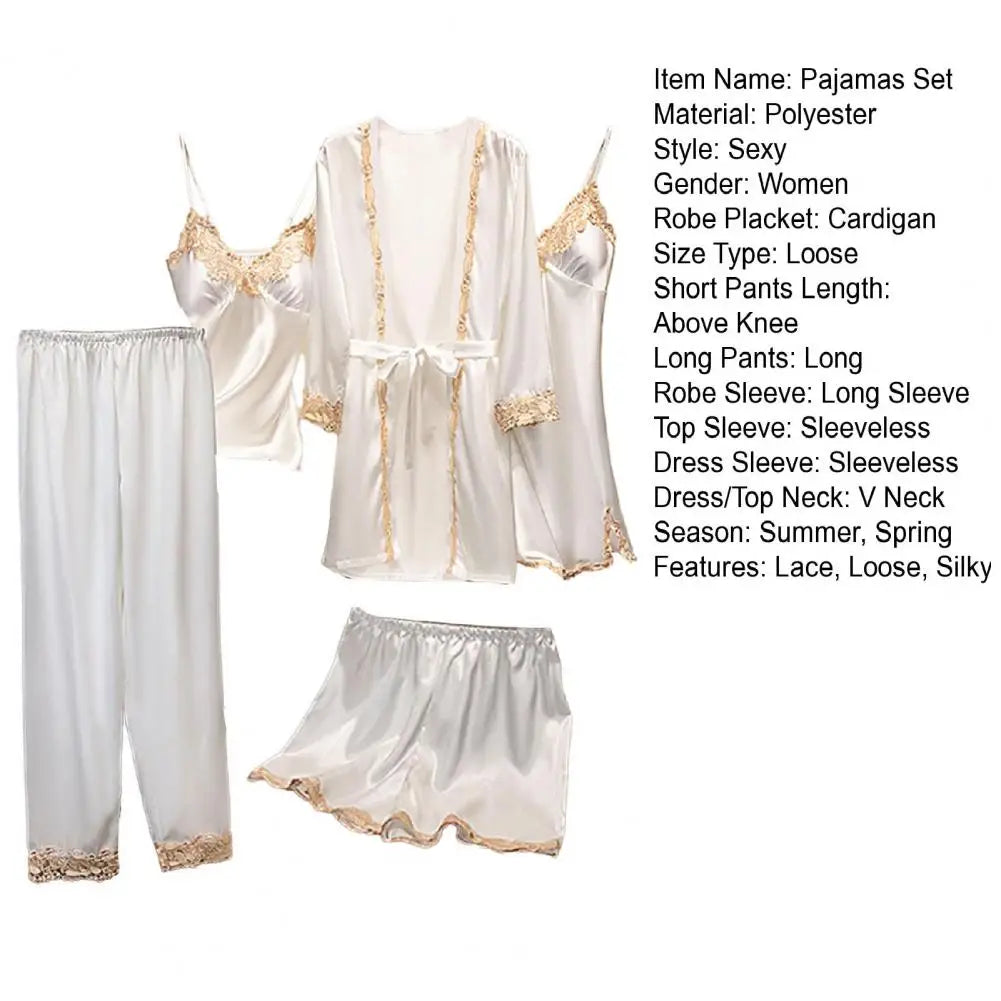 Women's Summer Sexy Pajama Pants Set 5 Pieces Nightgown Nightdress Top Shorts Pants Set Lace Satin Silk Sleepwear Robe Sleepwear