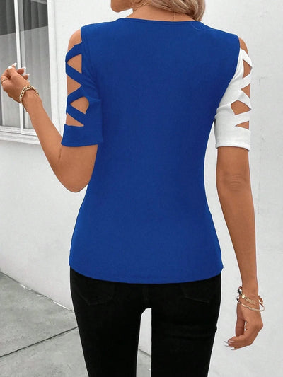 Women's Blouses T-shirt Summer New Colour Block Cross Off Shoulder