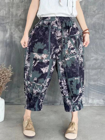 Fashion Printed Cotton Linen Harem Pants for Women 2025 Summer Casual High Waist Calf-Length Loose Trousers Female Streetwear
