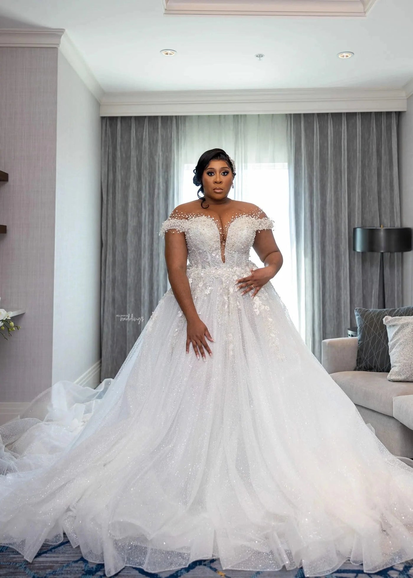Wedding Dresses for Bride Sheer Neck Lace up Back Sequins Pearls PLUS SIZE ONLY