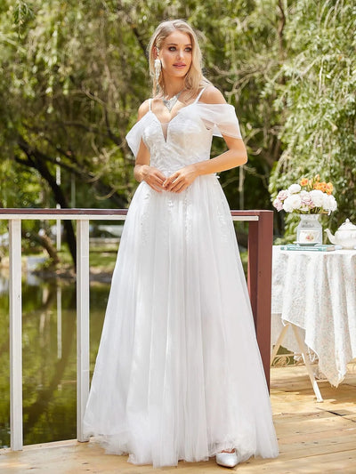 Church Wedding Dress Embroidered Floral Tulle Bridal Gown