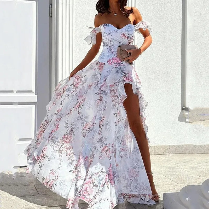 Elegant Party Dresses for Women 25 New Casual Fashion Print Trend Sexy Spicy Girl Off Shoulder Strap Split Waist Dress Vacation