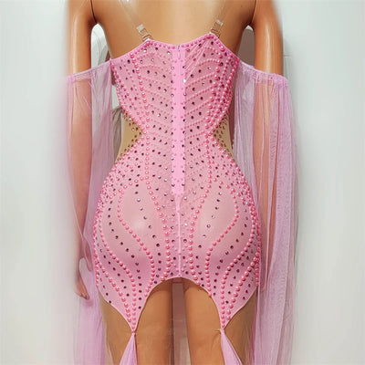 New Pink Rhinestones Pearls Dress Sexy Mesh Party Evening Dresses Women Singer Festival Wear Stage Outfit Jazz Dance Costume