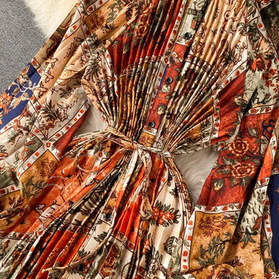 Retro Print Elegant Pleated Lace-up Chiffon Long Sleeve Dress A-line Blouse French Casual V-neck High Waist Women Summer Dresses