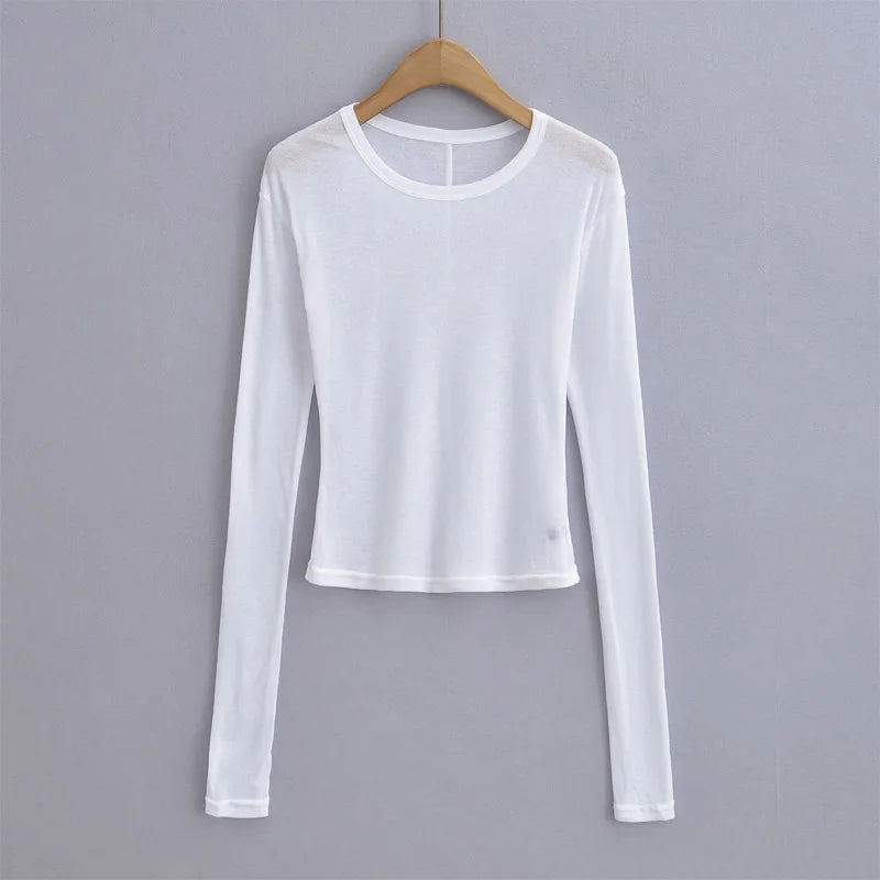 Women Crew Neck Fitted Long Sleeve Semi Sheer T-shirt