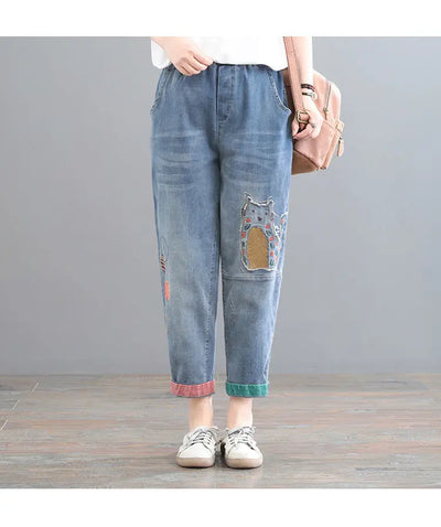 High waisted Jeans for women 2025 Spring Autumn New Korean version Loose Embroidered patch fabric Nine point Harem Pants Female