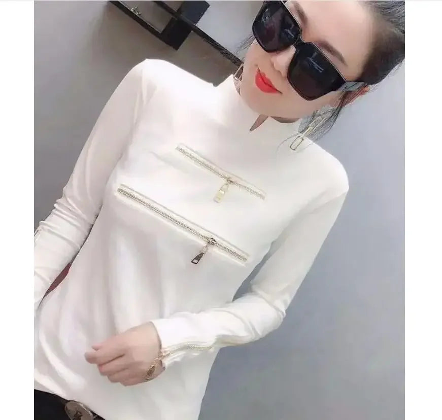 Zipper Deco Women T-shirts Femme Strechy Cotton T-shirts Lady Zipper Pullovers Tp[s