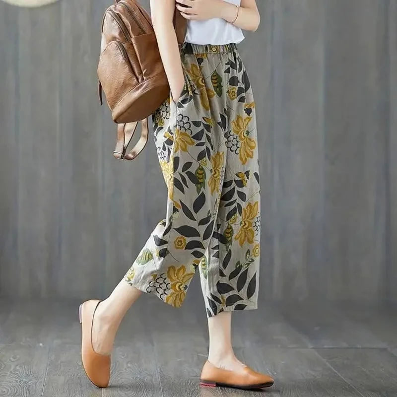 Casual Wide Leg Pants Women Summer Harem Pants for Women Retro Fashion Print Loose Cotton Linen Pants Printed Ankle-Length Pants