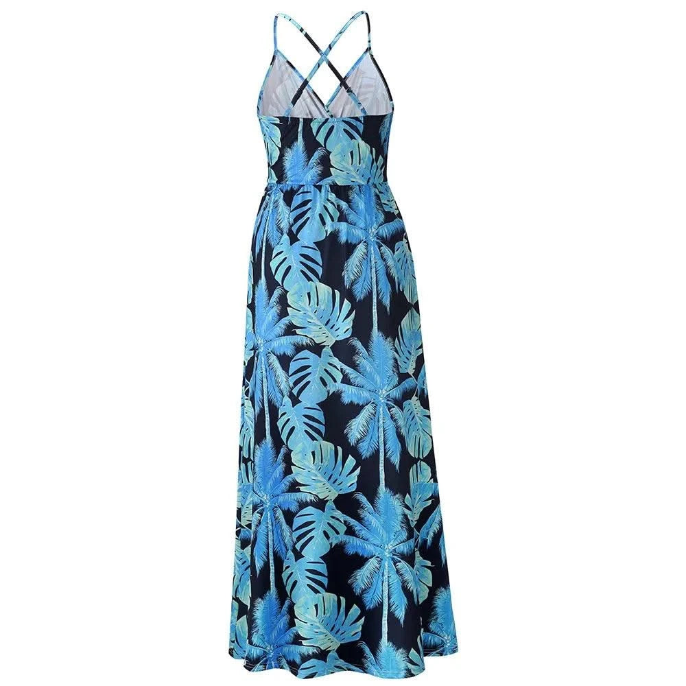 Floral Dress Women's Summer Dress Sexy Backless V-neck Suspender Long Dress