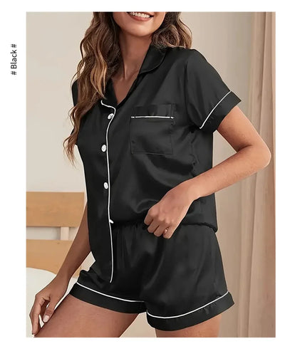 Women's Sleepwear Silk Satin Pajamas Set Button-Down Pyjama Shorts Suit Pijama Femme Loungewear Pj Sets Solid Color Home Clothes