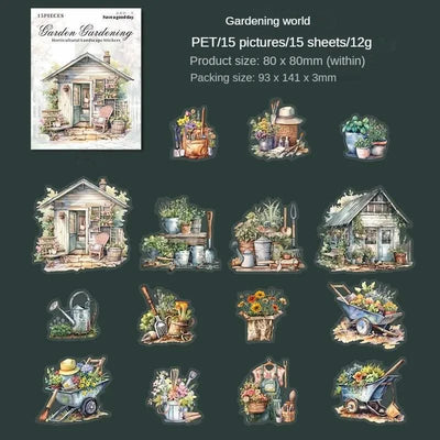 15Pcs stickers pack Garden Flower Workshop Garden Scenery Handbook Supplies Decorative Stickers Diary Scrapbook 141*93mm