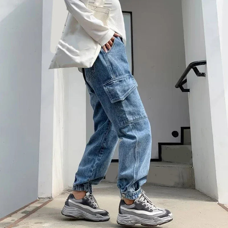 Women Jeans Jogger Pant Elastic Waist Solid Denims Trousers with Flap Pocekts