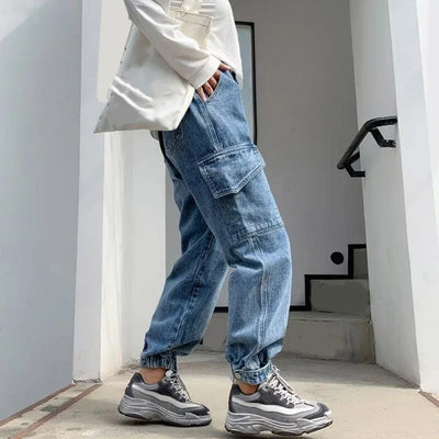 Women Jeans Jogger Pant Elastic Waist Solid Denims Trousers with Flap Pocekts