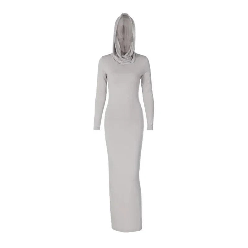 Hooded Long Dress For Women Y2k Clothes Sexy Streetwear Long Sleeve Bodycon Vestidos De Mujer Solid Robe Femme Été Back Split