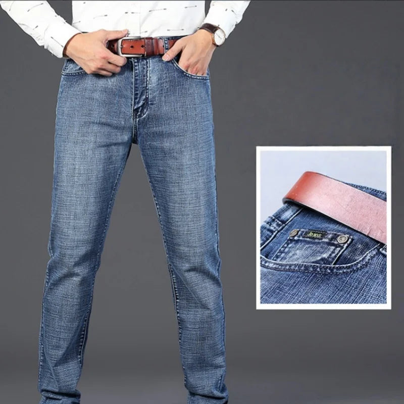 Men’s Denim Pants Spring Casual Business Straight Fit Loose Elastic Waist  Stylish Comfortable Pants for Work and Casual Wear