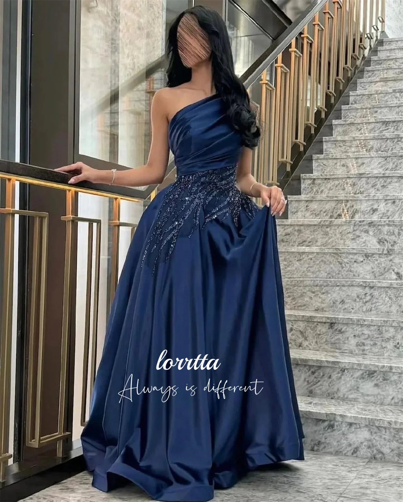 Luxury Woman Women's Evening Dress Dark Blue Satin Glitter Trim Line A Graduation Dresses Party Elegant Prom Wedding Customized