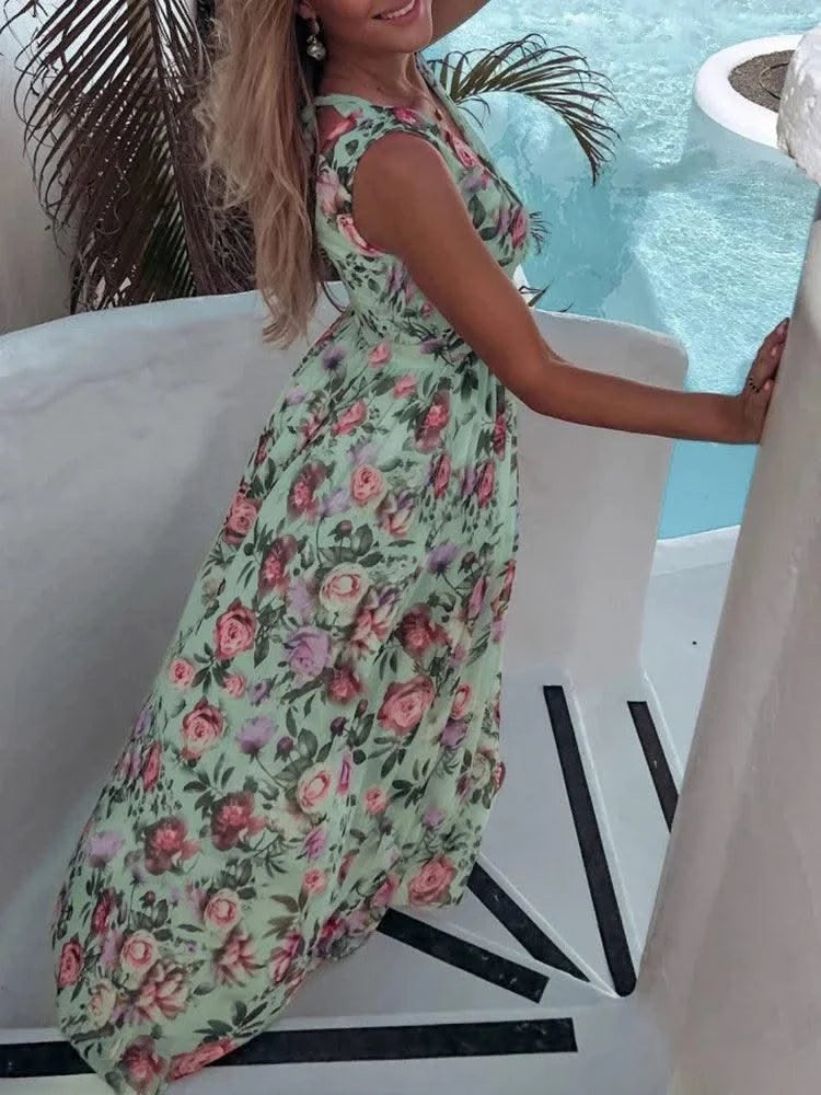 Summer Women Dress Floral Print Fashion Slim V-Neck Tie-Up Backless Chiffon Sexy Sleeveless Slit Maxi Cover-Ups Robe Beach Dress