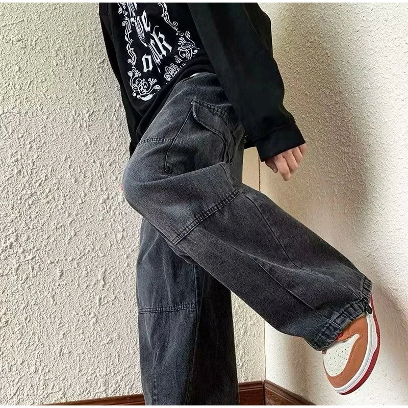Denim Trousers For Men Adjustable Drawstring Y2k Versatile Baggy Cargo Jeans Men's Hippie Jogging Wide leg Pants Male Streetwear