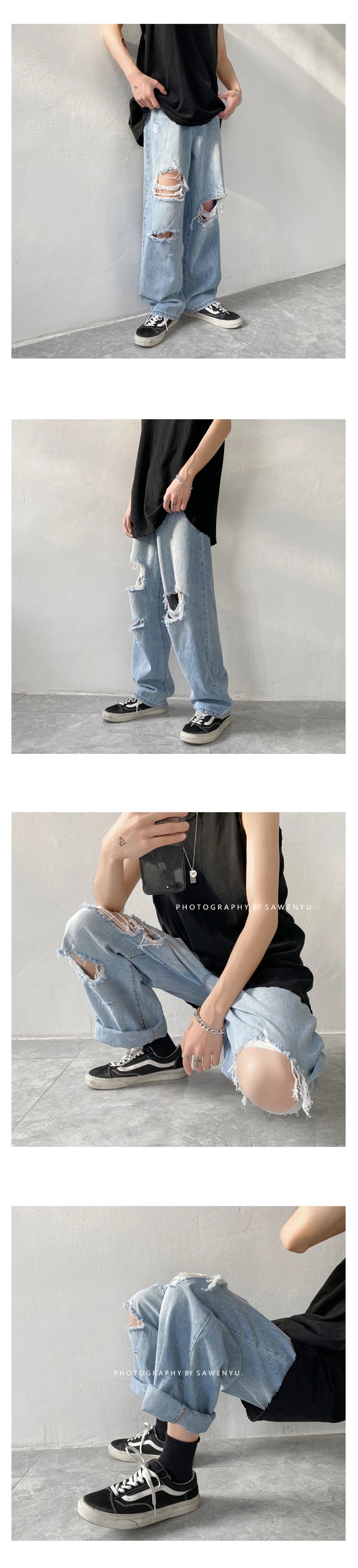 Summer Mens Ripped Jeans Blue Loose Fit Hole Wide-leg Pants Casual Fashion Trousers Streetwear High quality Denim Man Clothing