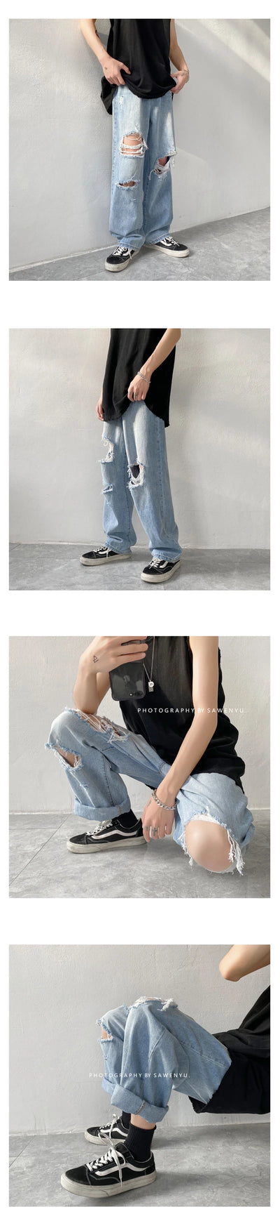 Summer Mens Ripped Jeans Blue Loose Fit Hole Wide-leg Pants Casual Fashion Trousers Streetwear High quality Denim Man Clothing