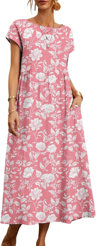 Women's Summer Dresses, Short Sleeves, Midi Casual Dresses with Pockets, Flowy T-Shirt Dresses, Floral Resort Beach Vest Dresses