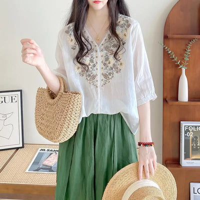 Women's Clothing Linen Blouse White V-Neck Embroidered Shourt Sleeve Loose Fit Artistic Casual Feminine Fashion