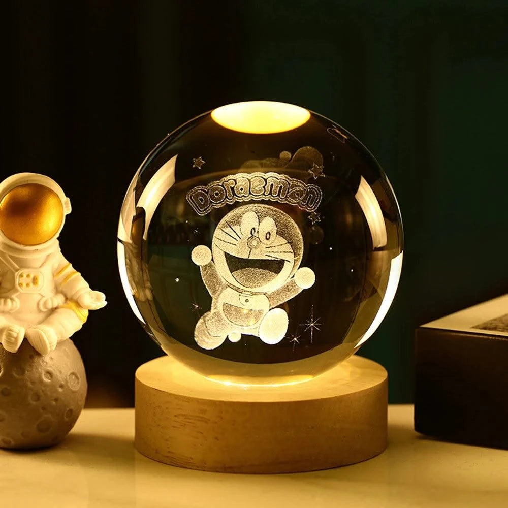 6cm 3D Crystal Ball Stitch Pikachu Doraemon A Dream Hello Kitty Crystal Planet Night Light Laser Carving Children's Gifts