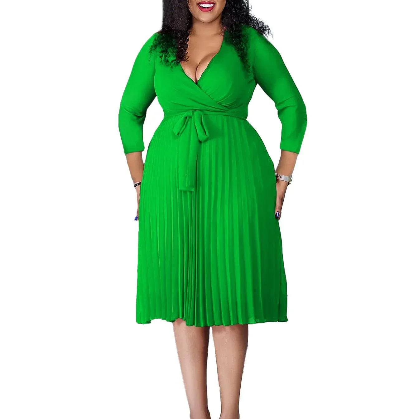 Elegant Office Dresses for Women Professional V Neck Full Sleeve Sashes Pleated Mid Calf Formal Business Work Wear Dress Midi OL