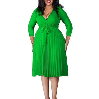 Elegant Office Dresses for Women Professional V Neck Full Sleeve Sashes Pleated Mid Calf Formal Business Work Wear Dress Midi OL