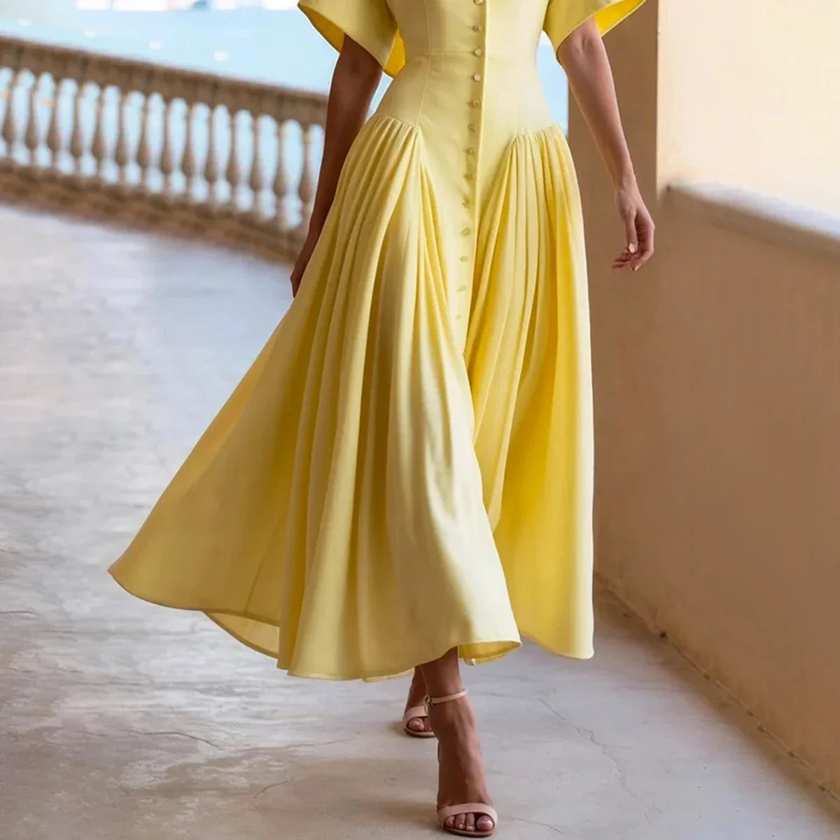 Modigirl Woman Summer Elegant Midi Dresses 2025 High Waist Lapel Neck Short Sleeves Buttoned Flowy A Line Shirt Dress for Women