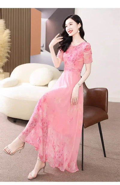 Women's Summer Dress 2025 New Fashion Printed Pink Chiffon Dress O-neck Short Sleeved Long Party Dresses Elegant Women Vestidos