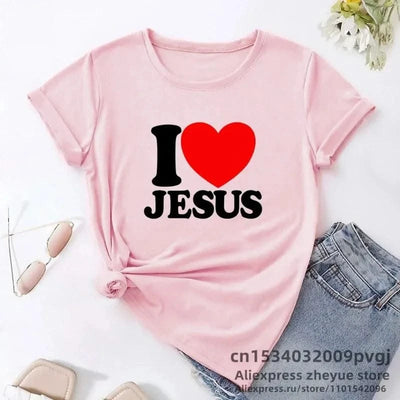 I Love Jesus Women T Shirts Round Neck Christian Faith Church Bible T-Shirt Cotton Short Sleeve T Shirt Streetwear Unisex Tops