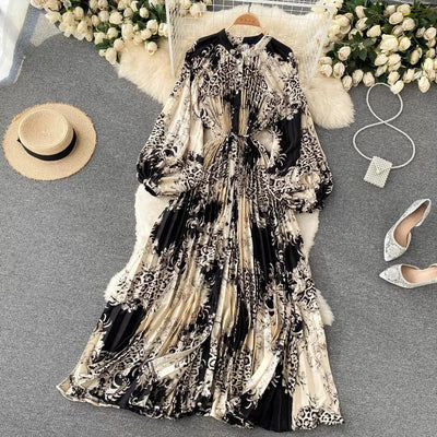 Retro Print Elegant Pleated Lace-up Chiffon Long Sleeve Dress A-line Blouse French Casual V-neck High Waist Women Summer Dresses