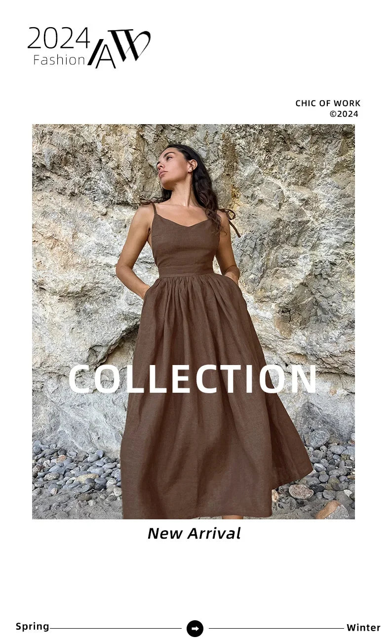 Cotton Linen Solid Color Spaghetti Strap Dresses Women Fashion Leace-up V-neck Backless Beach Vacation Long Dress Female New