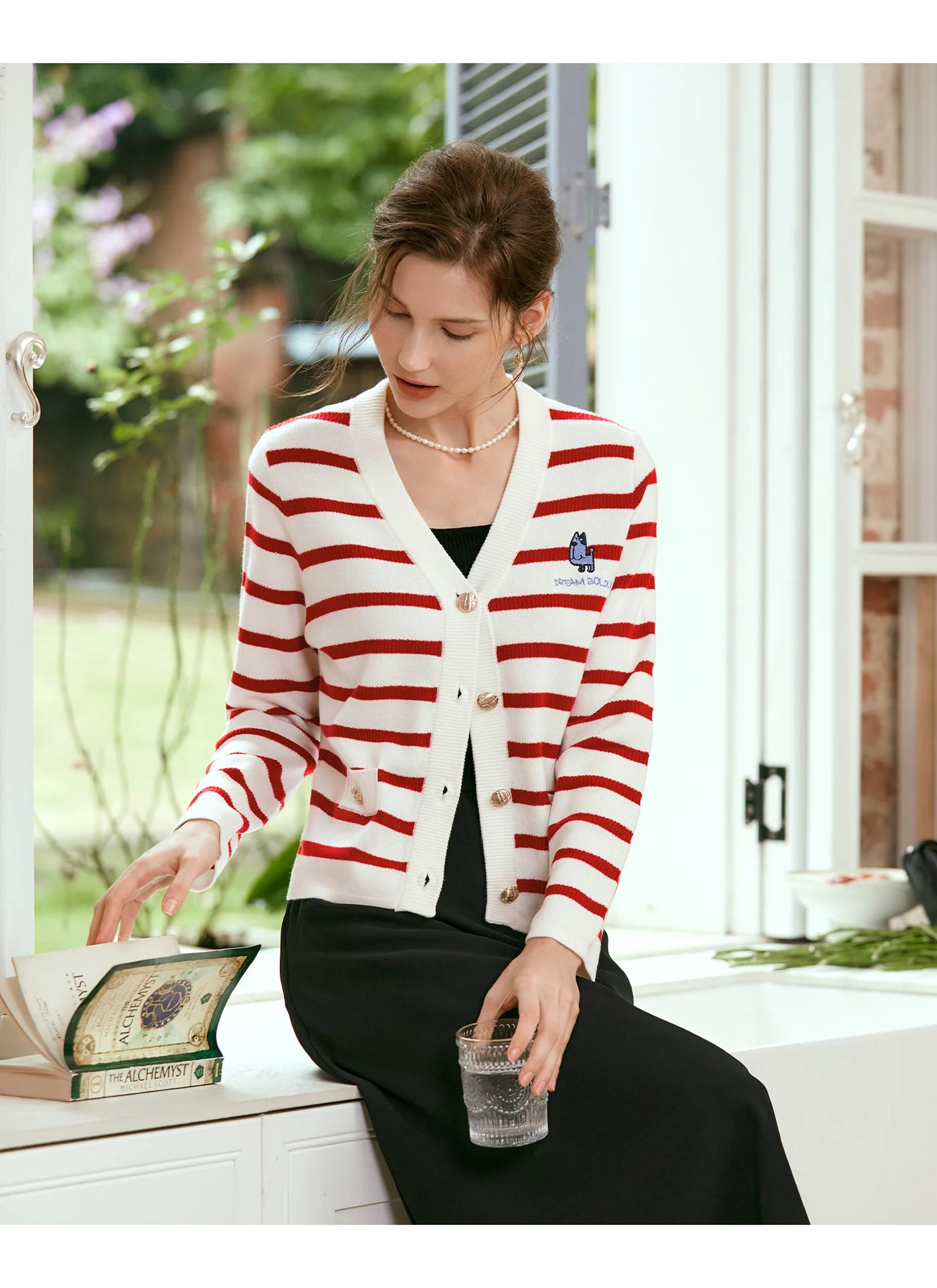 OLrain Wool Blend Striped Cardigan Women 2025 Spring Commute Embroidery V Neck Long Sleeve Chic Button Knitwear M56QZ86390