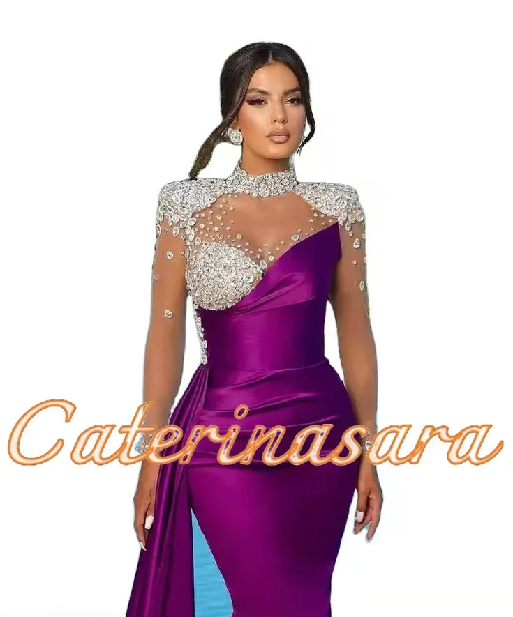 Luxury High Neck Evening Dresses For Women Mermaid Women 2024 Sheer Long Sleeves Wedding Party Prom Gowns  vestidos de noche