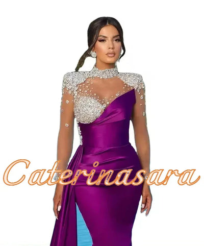 Luxury High Neck Evening Dresses For Women Mermaid Women 2024 Sheer Long Sleeves Wedding Party Prom Gowns  vestidos de noche