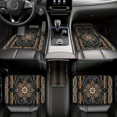 4 Pcs Car Floor Mats Bohemian Pattern European Ethnic Auto Rubber Carpet Universal Interior Accessories for Front and Rear Seats