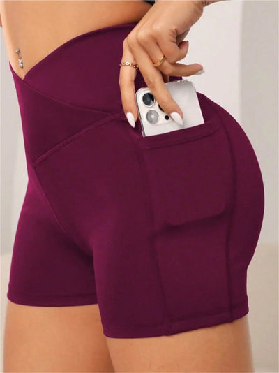 Women's High Cross Waist Biker Shorts Side Pockets Buttery Soft Comfy Criss Cross Running Yoga Athletic Short Pants