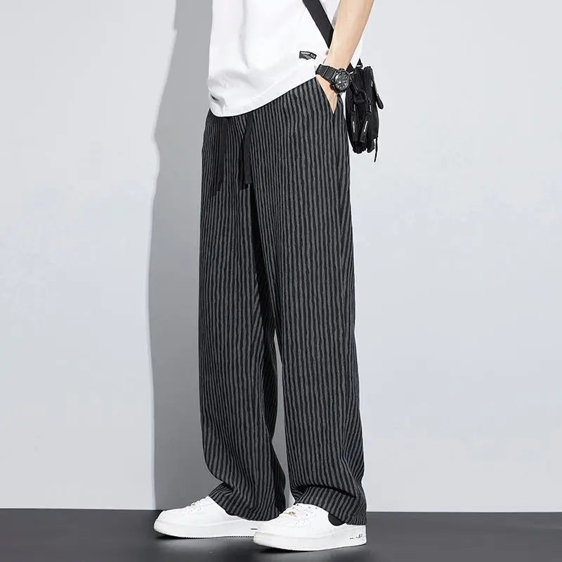 New Men's Trousers with a Sense Design Featuring Unique Stripe Pattern Hanging Wide-leg Loose Straight Casual Long Pants
