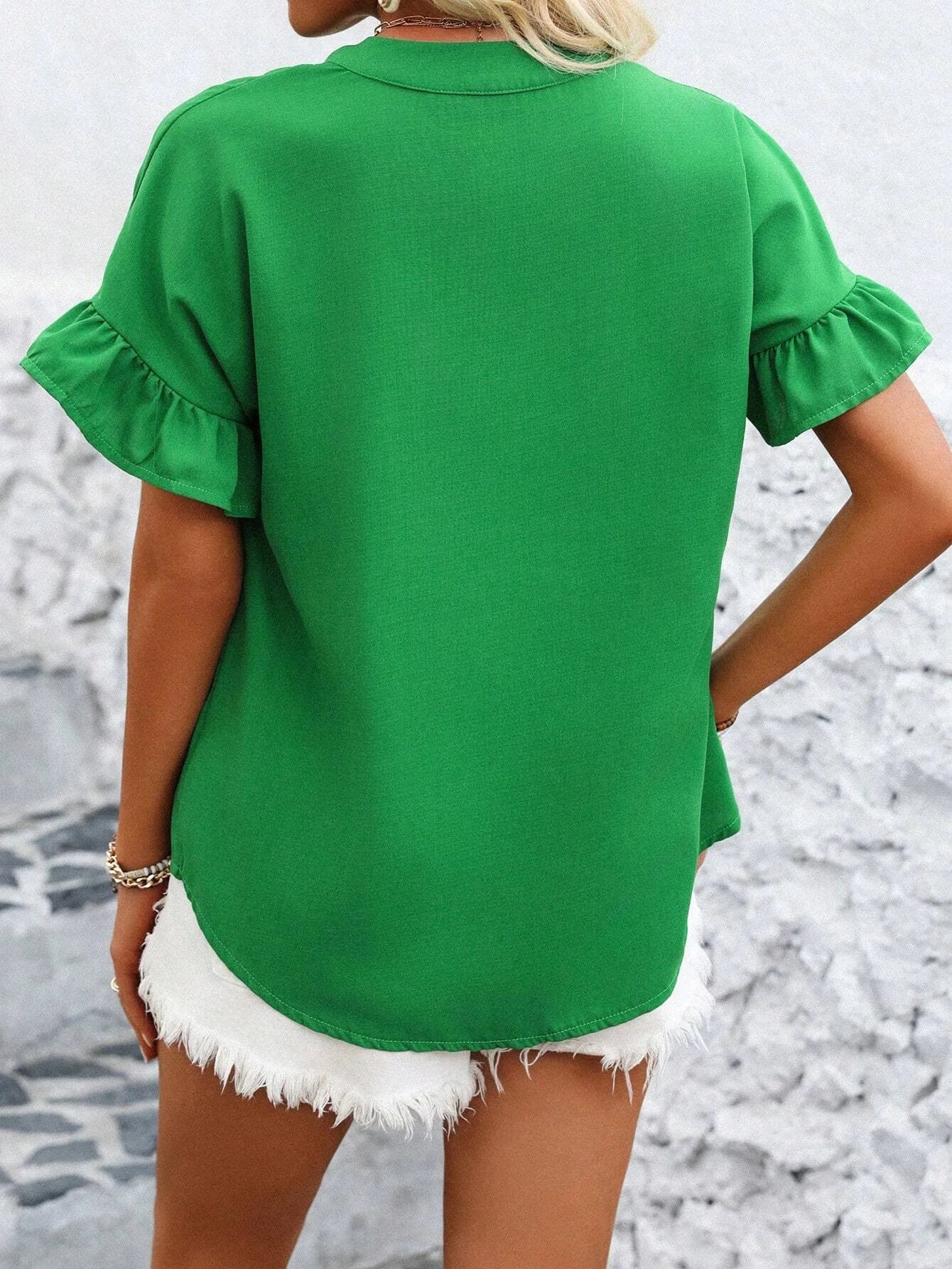 Women Button Solid Cotton Linen Blouses Summer 2025 Fashion Stand Up Short Sleeve Shirts Casual V-Neck Ruffles Office Lady Tops